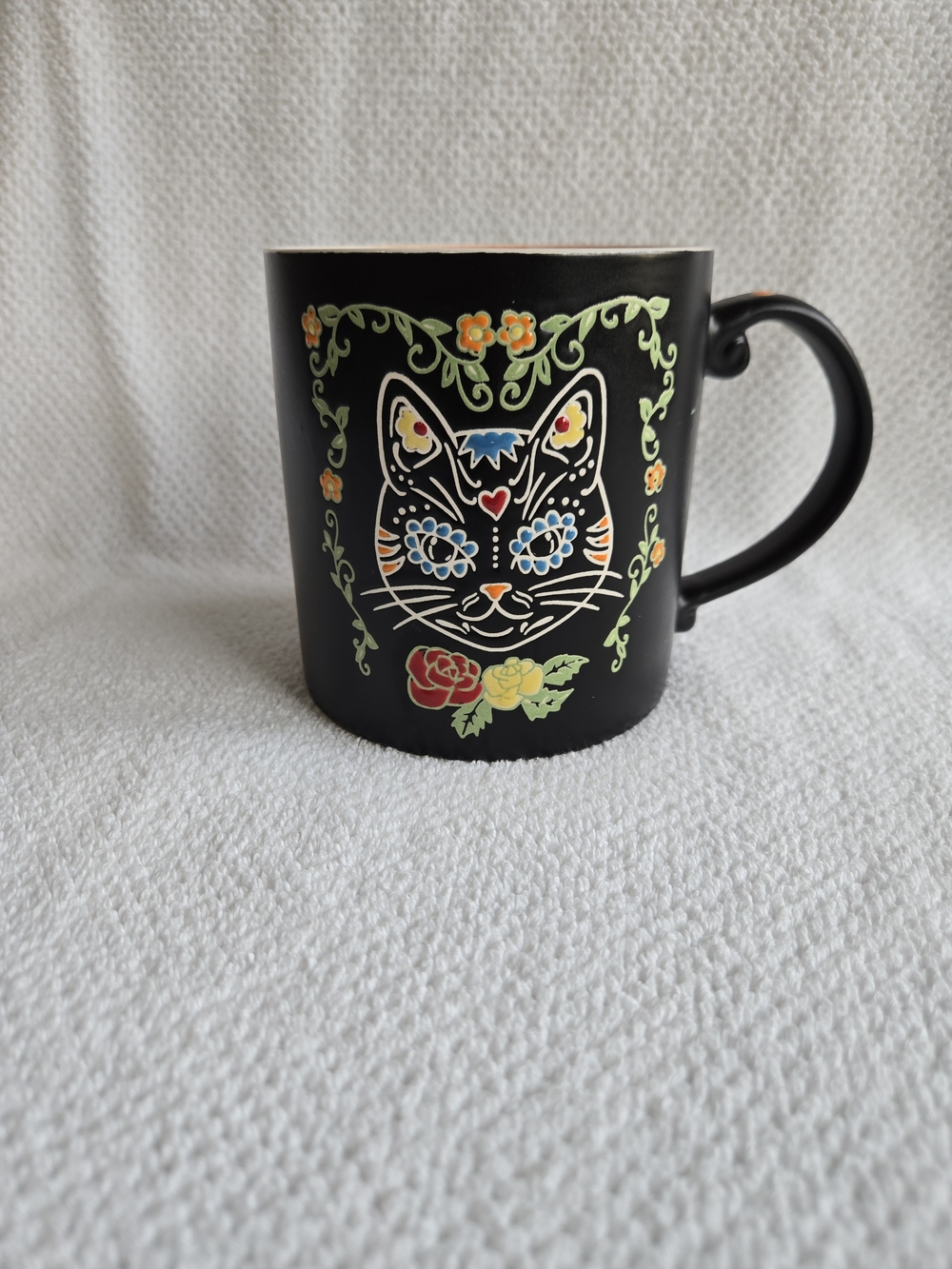 Black Floral Cat Ceramic Mug with Colorful Accents